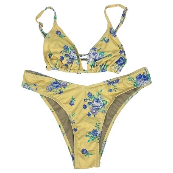 WeWoreWhat Yellow Floral Print Spaghetti Strap Two Piece Swimwear Bikini Set S - Picture 1 of 4